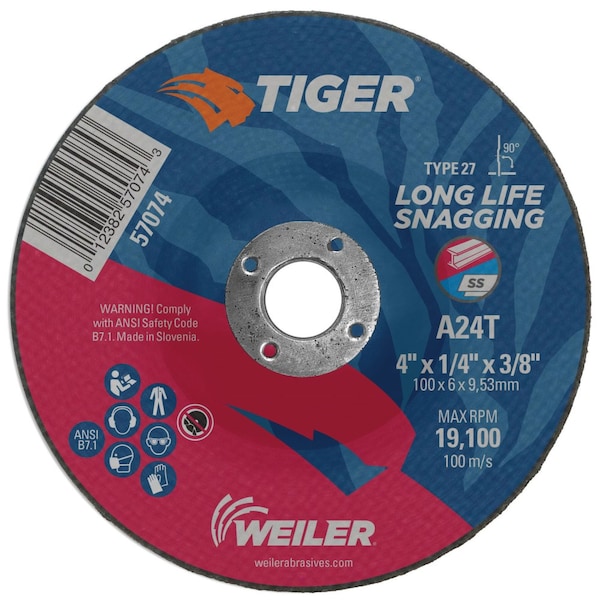 Weiler 4" x 1/4" TIGER AO Type 27 Grinding Wheel, A24T, 3/8" A.H. 57074 - main